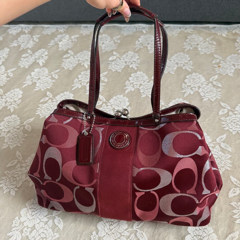 Coach Signature Burgundy Kisslock Shoulder Bag